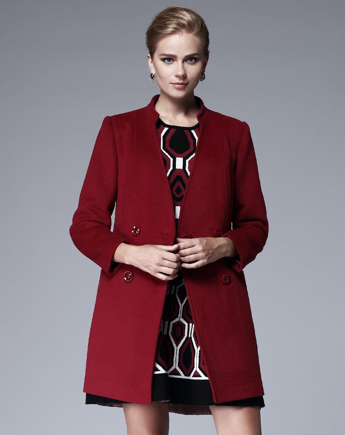 阔太大码妈妈装毛呢外套女秋冬双排扣立领呢大衣女中长款