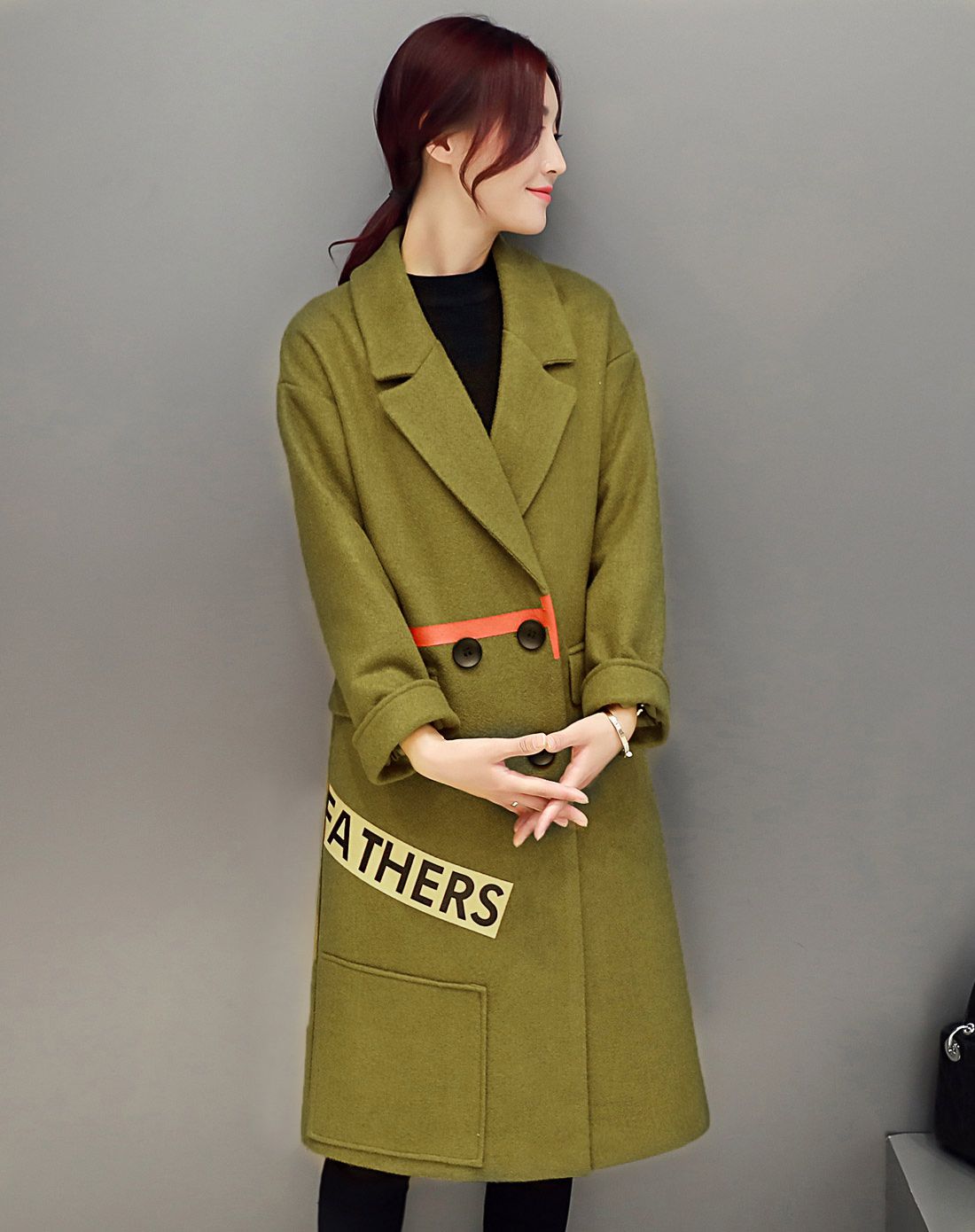 休闲中长款毛呢大衣芥末黄