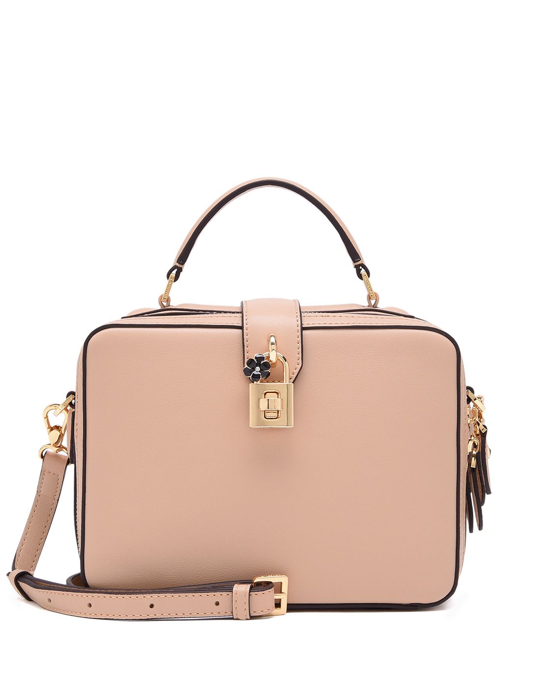 牛皮带花小锁时尚单肩小箱包子夜黑