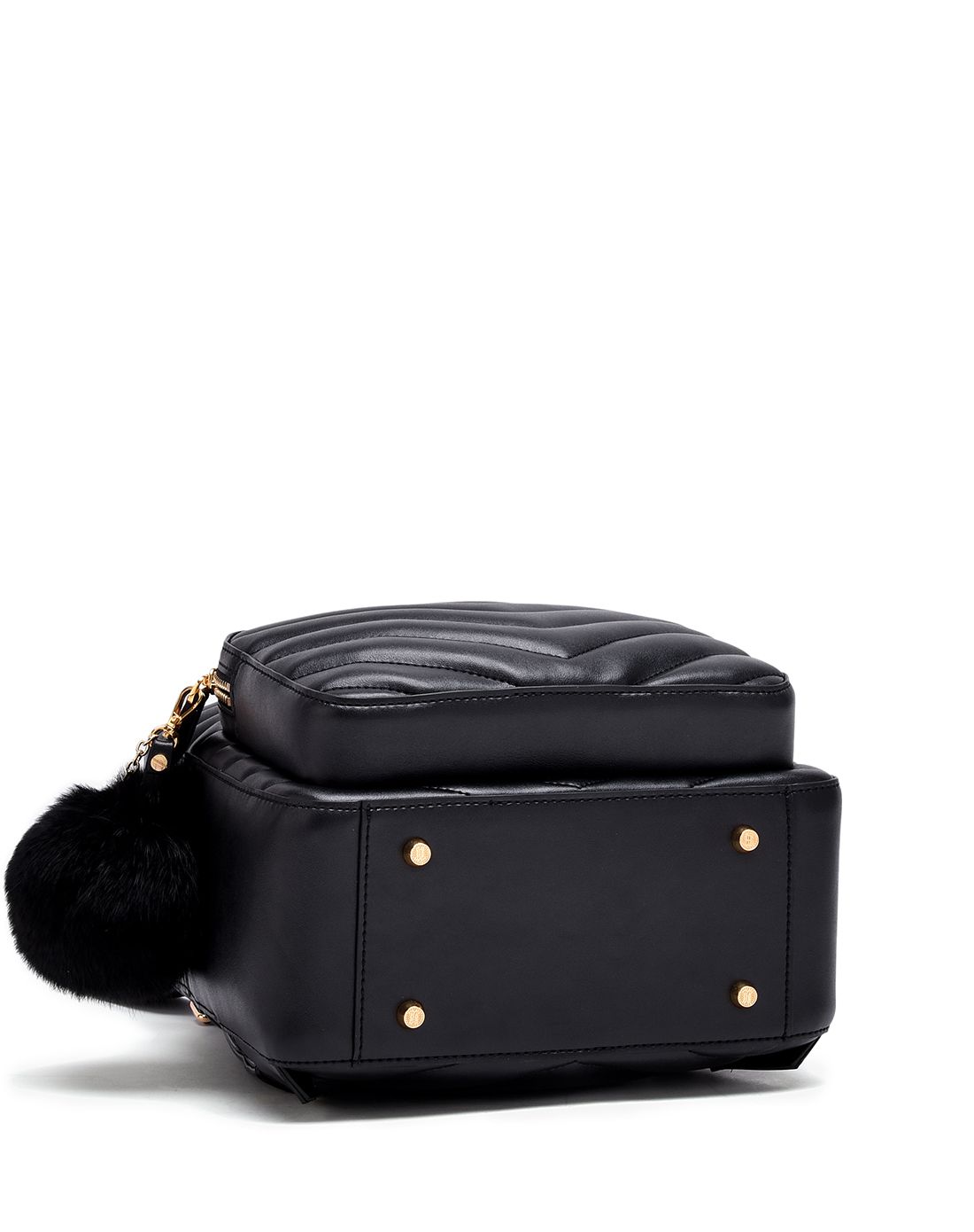 牛皮毛球挂饰时尚双肩包摩卡黑