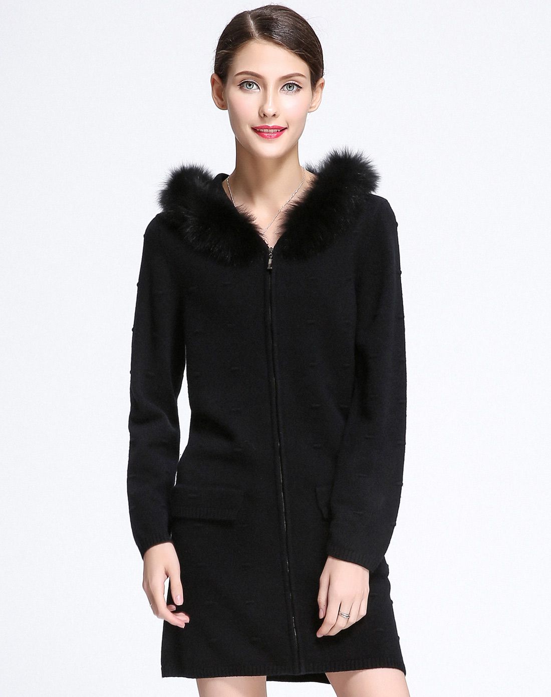 超细美丽诺羊毛长款毛领拉链开衫