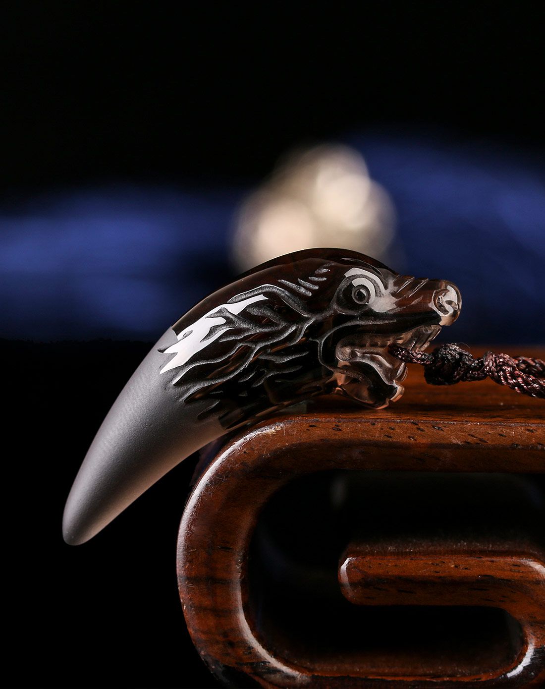 一生一石 护身狼牙天然冰晶黑曜石狼牙吊坠