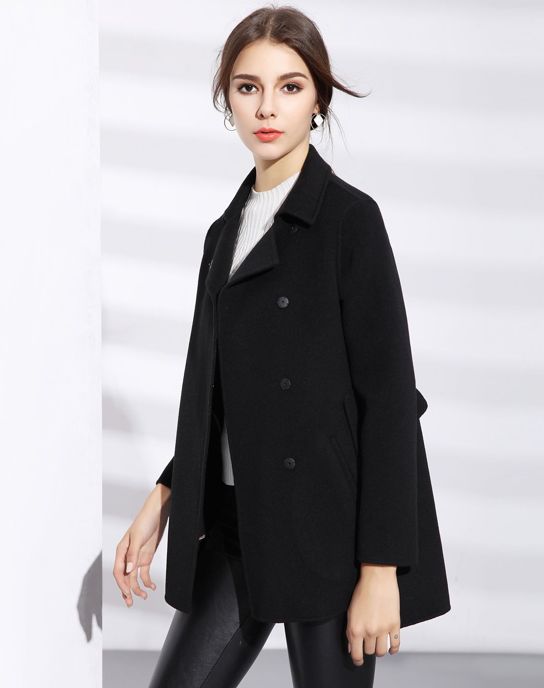 黑色双面呢韩版呢子羊毛绒大衣