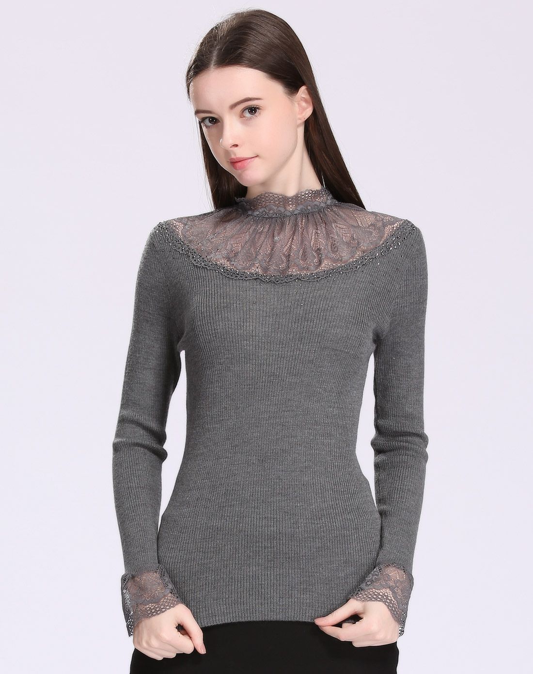 女款黑色羊毛蕾丝短款打底衫