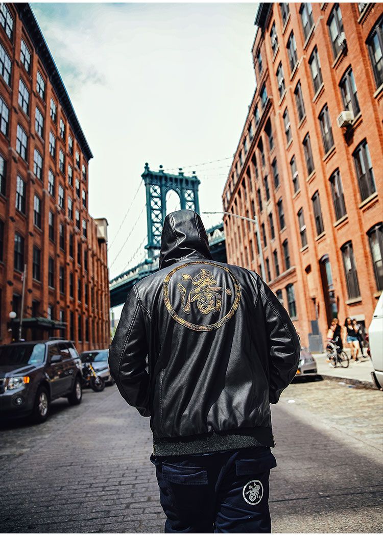 男士后背仿马毛贴布皮衣黑色