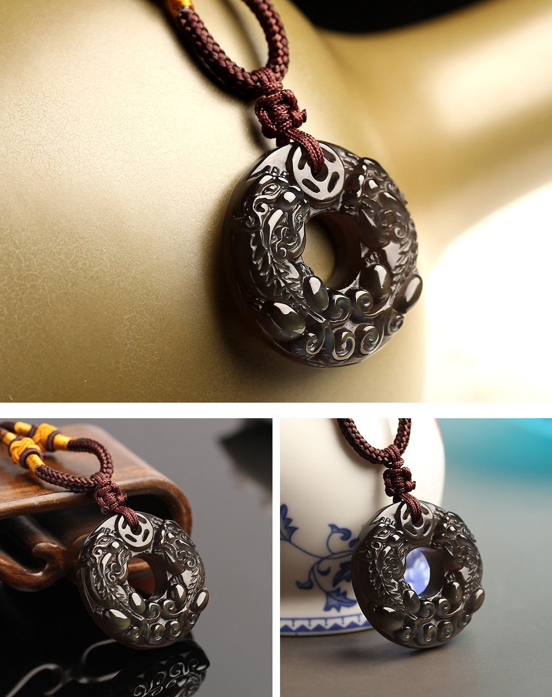 一生一石 双貔貅纳福天然冰彩黑曜石怀古吊坠