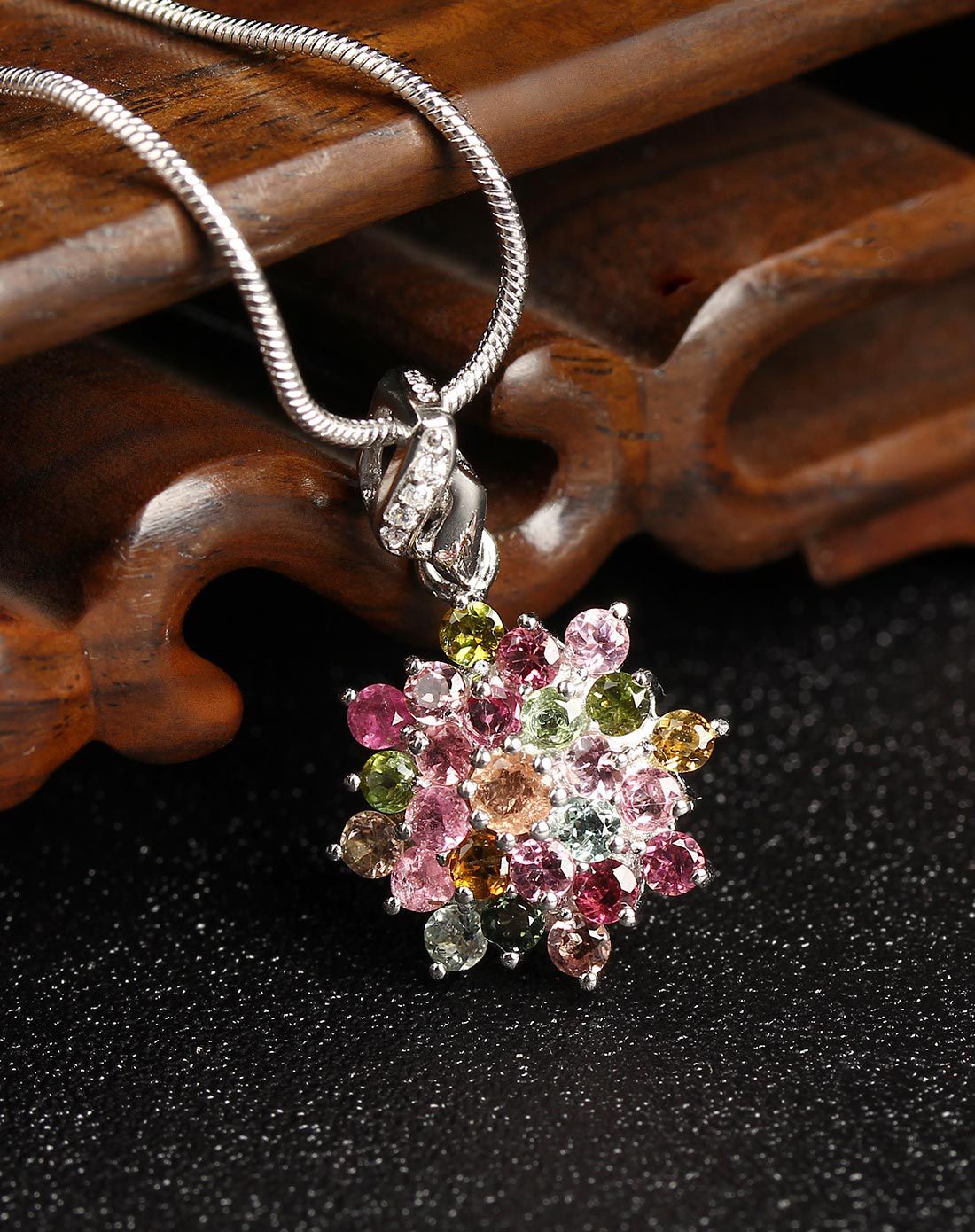 一生一石 天然碧玺花形镶925银吊坠