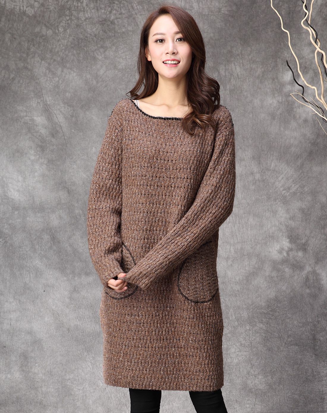 女款花兰一字领长款加厚针织衫