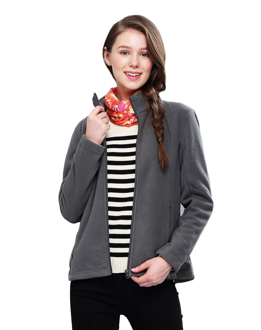 双层双色复合长毛绒 女士浅灰保暖抓绒衣