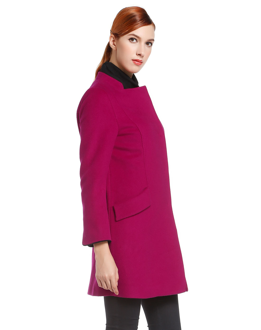 女款深玫红色淑女优雅长袖大衣