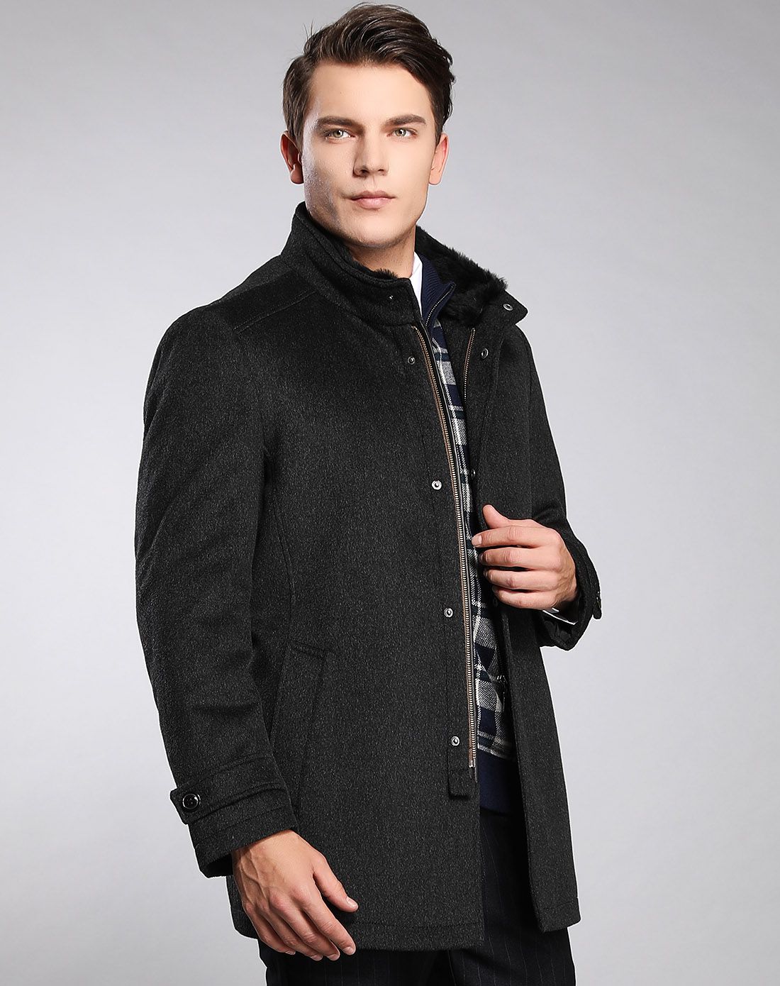 迪赛deicae男装专场 可拆卸松鼠毛内胆羊毛面料兔毛立领尼克服 商品