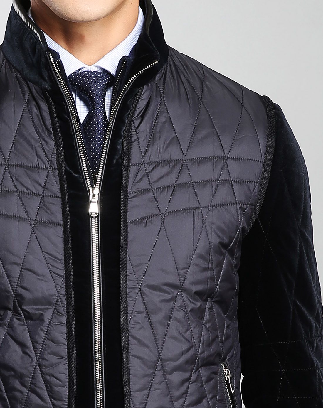 藏蓝色绒布立领拼袖拉链款棉服