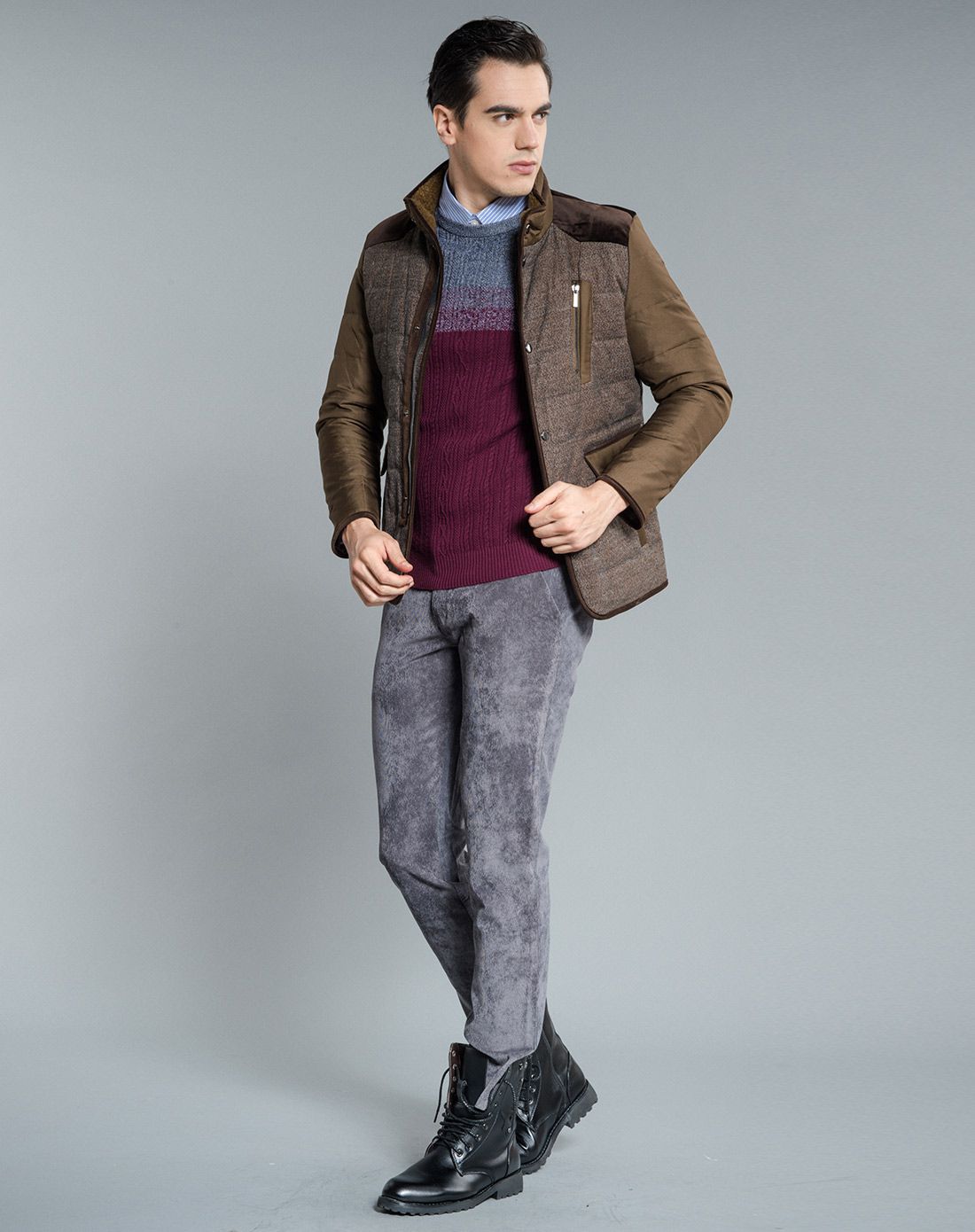 男款商务立领羽绒服仿呢棕/巧克力棕