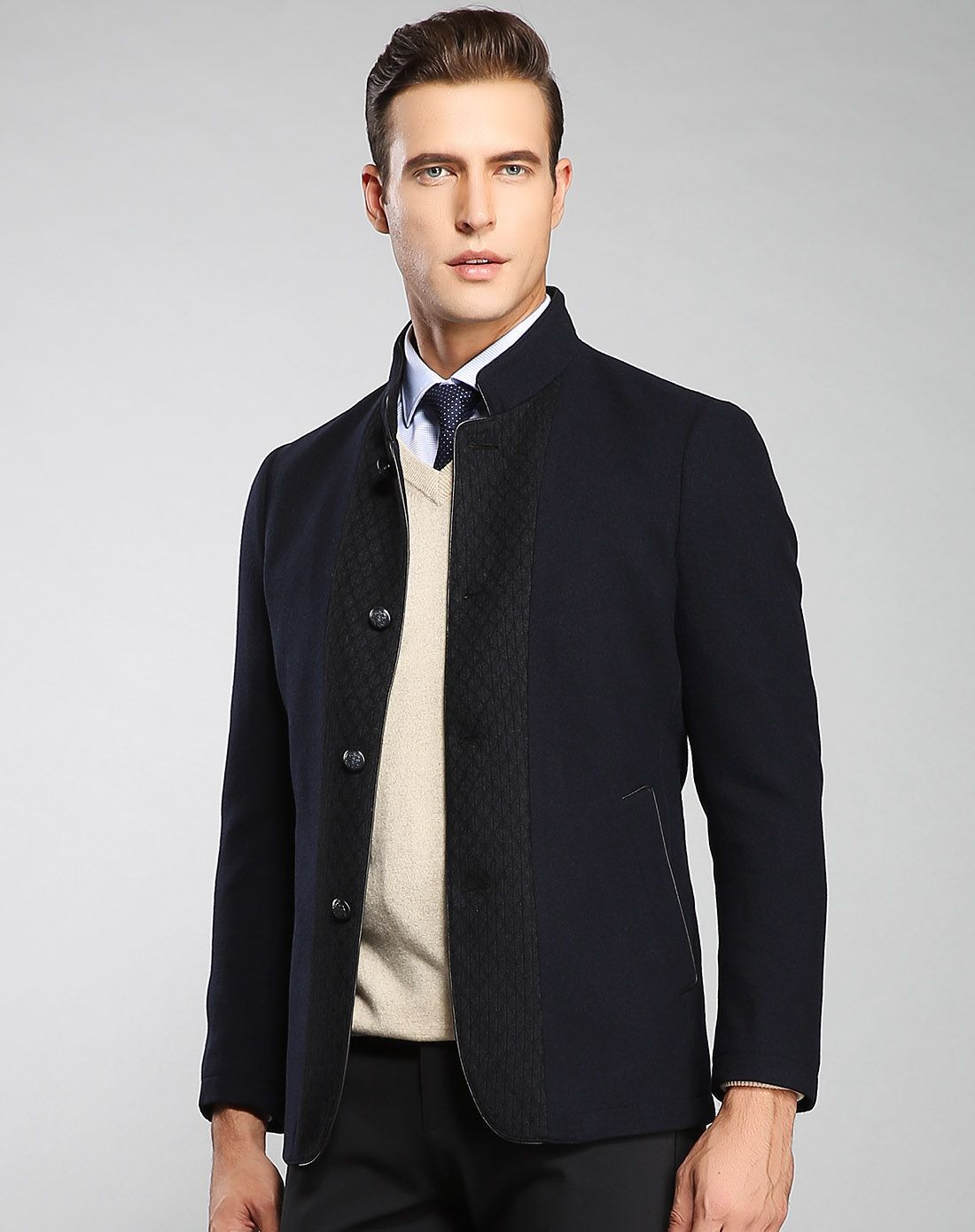 迪赛deicae男装专场 羊毛混纺斯文帅气拼布立领款单西装 商品编码