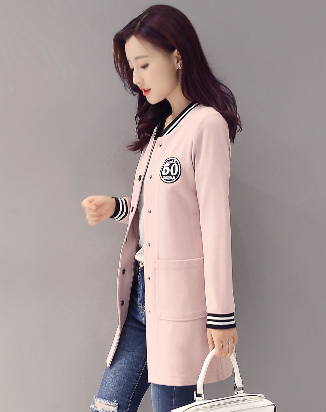 迹忆tracememory女装移动端专场女粉色学院风袖口条纹字母印花外套jkl