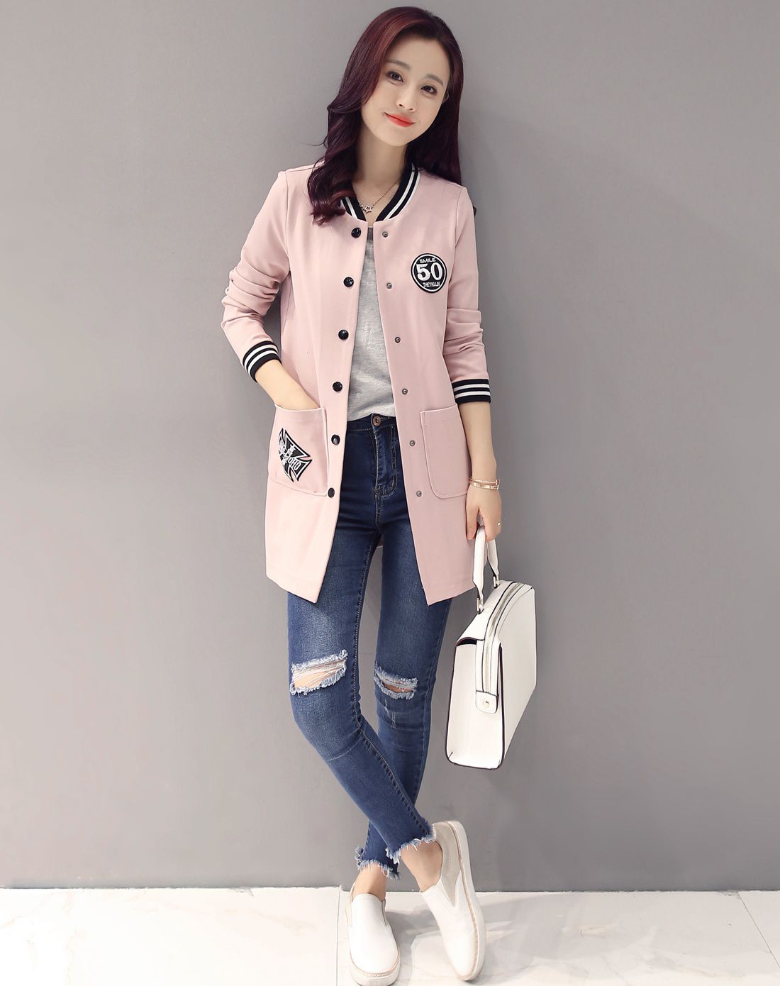 迹忆tracememory女装移动端专场女粉色学院风袖口条纹字母印花外套jkl