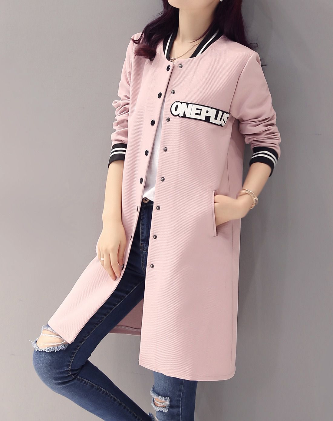 女装移动端专场女粉色学院风袖口条纹侧口袋休闲外套jklmm002wt14