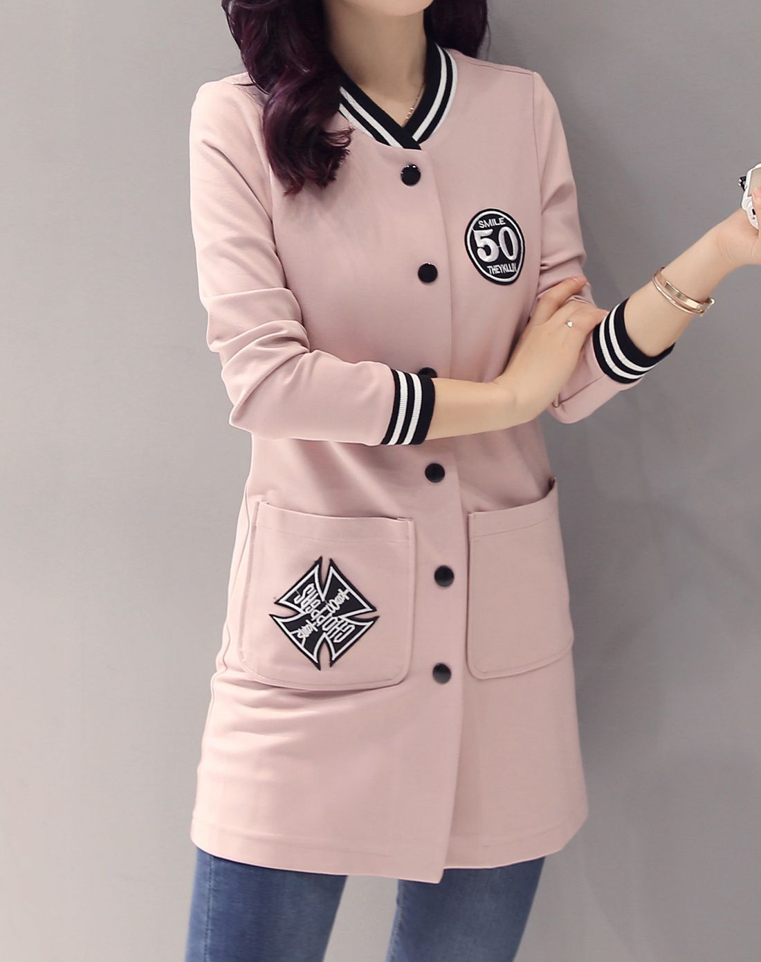 迹忆tracememory女装移动端专场女粉色学院风袖口条纹字母印花外套jkl