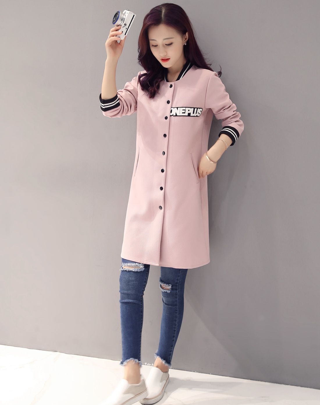 女装移动端专场女粉色学院风袖口条纹侧口袋休闲外套jklmm002wt14