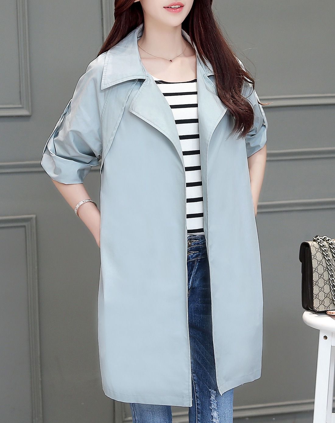 女装移动端专场女浅蓝色学院风袖口条纹侧口袋休闲外套jklmm003wt20