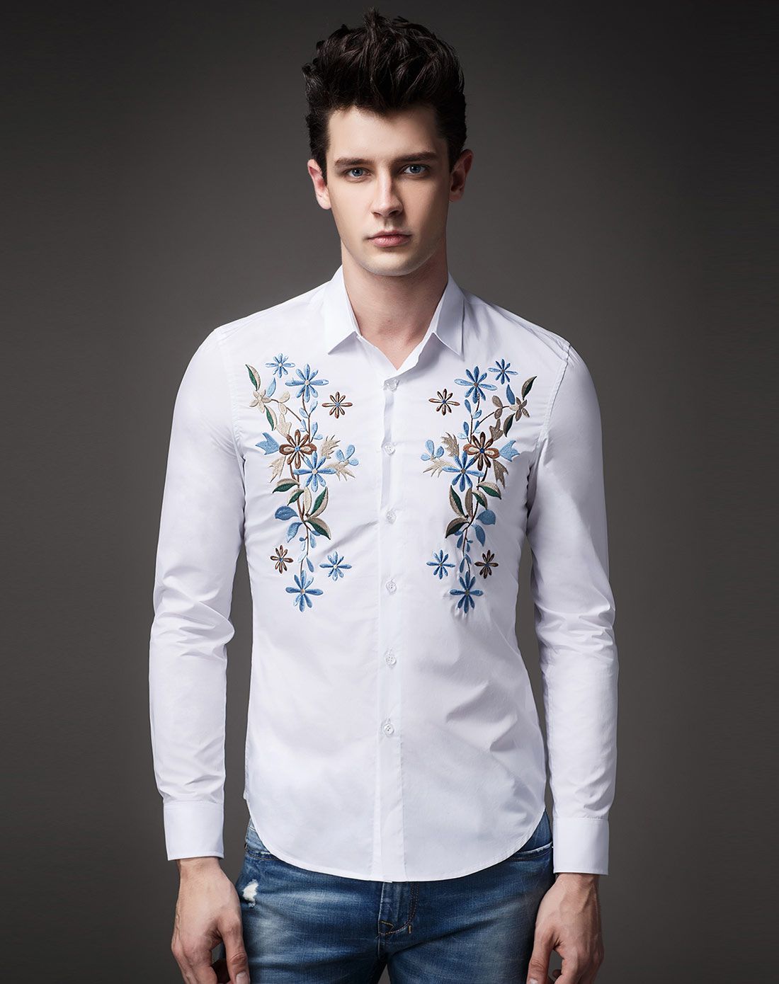 迪尔马奇男士专场 浅灰色个性花卉刺绣长袖衬衫 运费 (订单满288免