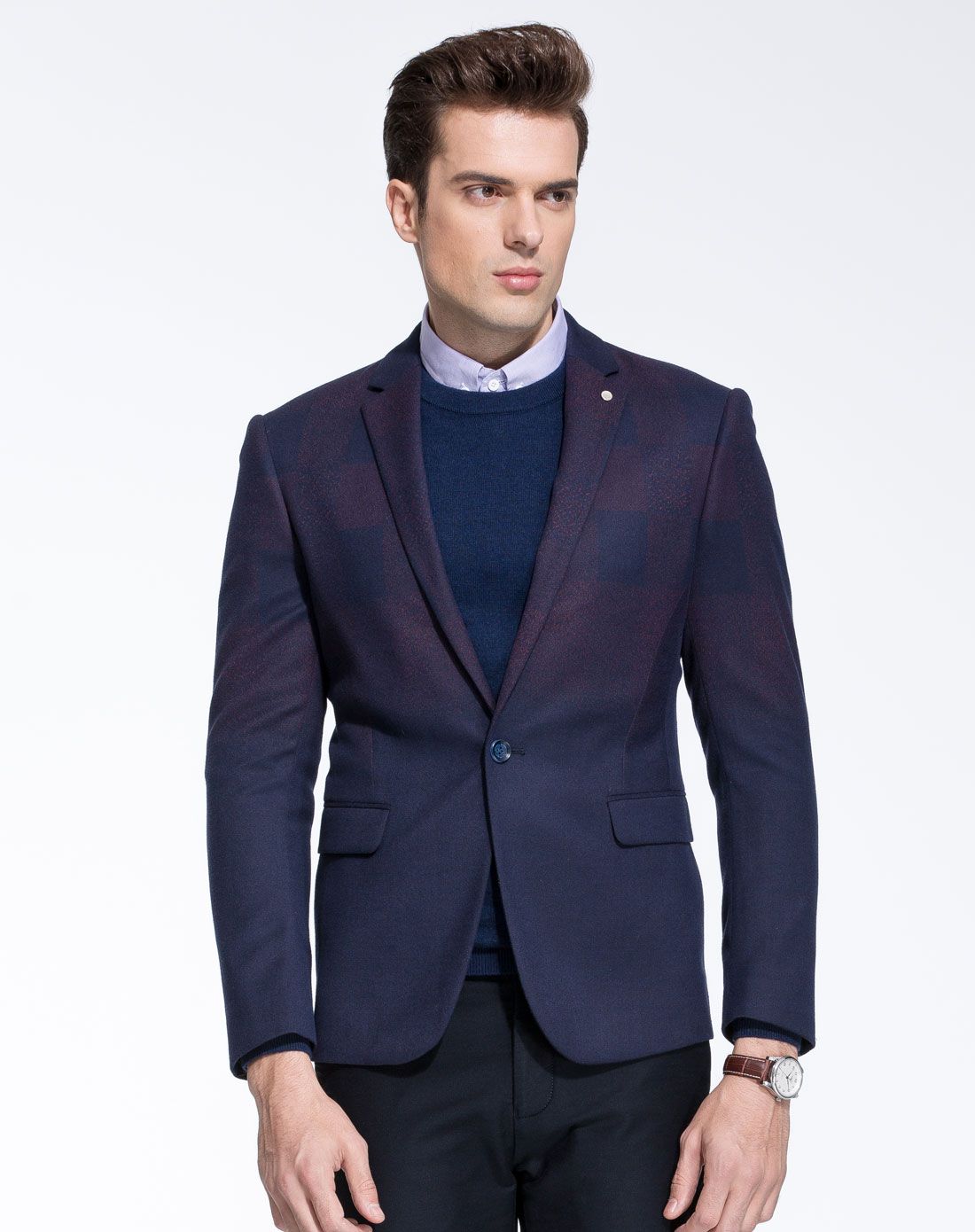 男装蓝色平驳领一粒单排扣修身百搭便西