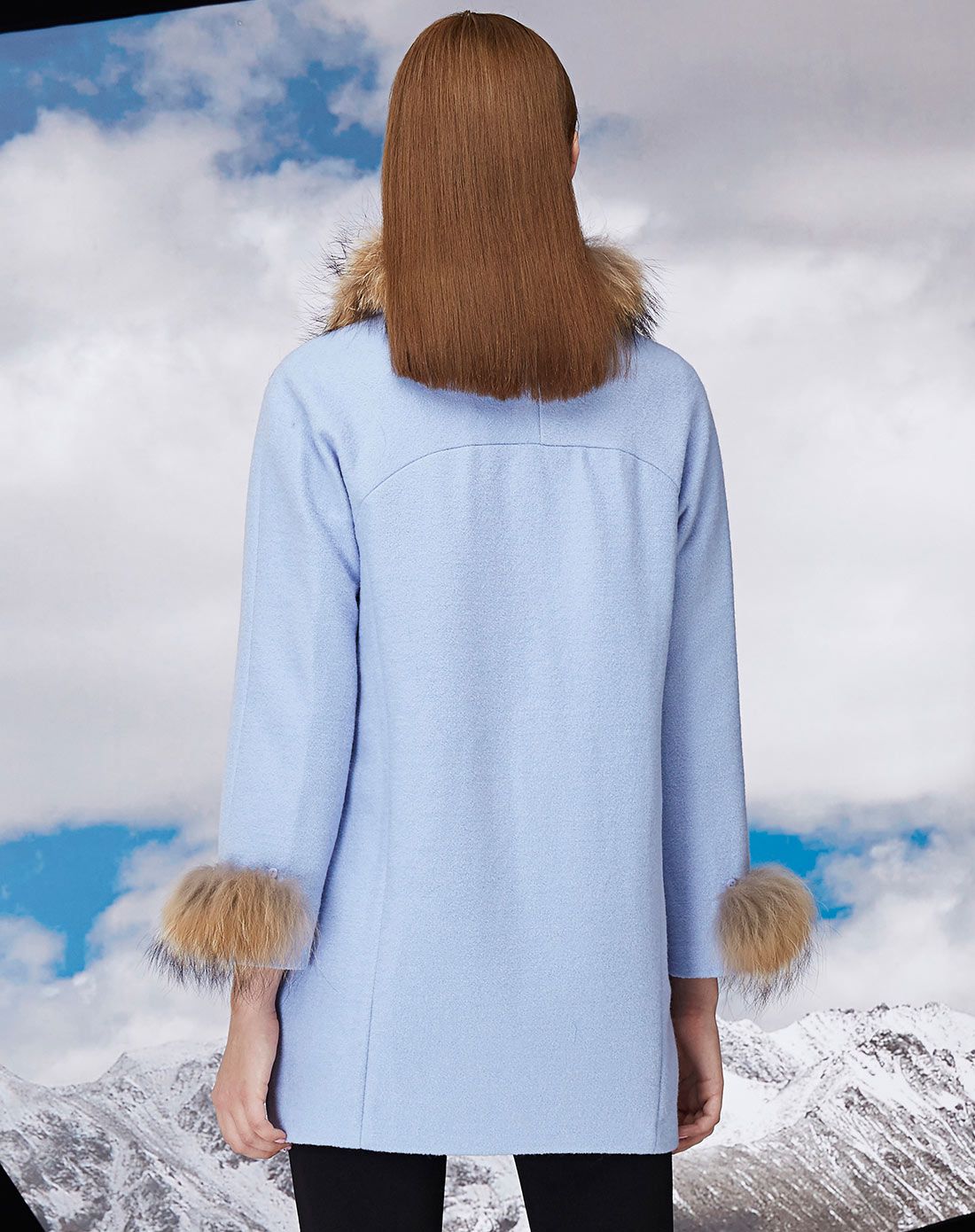 天青蓝舒适毛领挺括中长款大衣