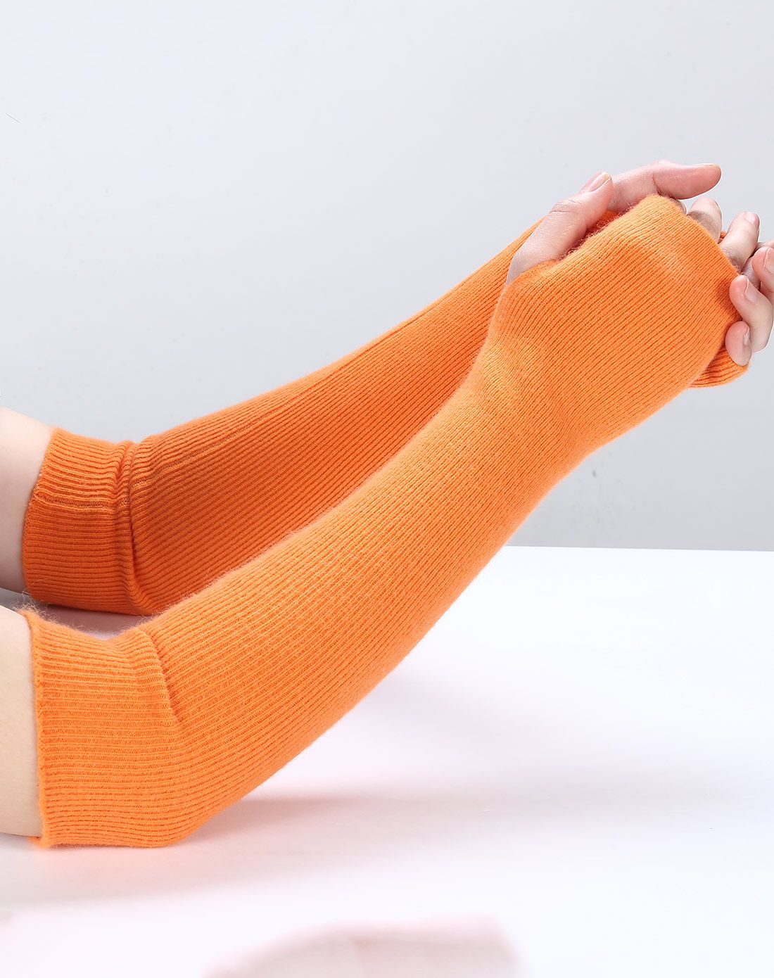 女净色抽条长筒保暖护手露指羊毛手套艳藏蓝