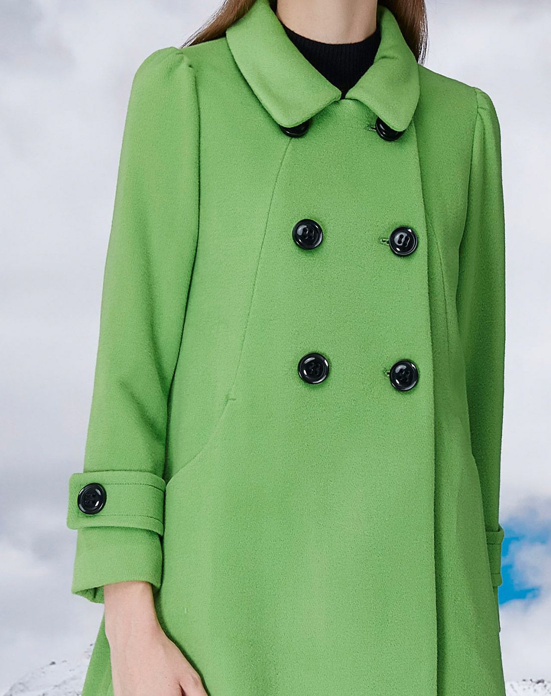 香草绿减龄易搭中长款毛呢大衣
