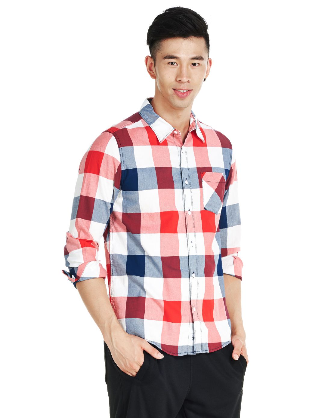 舒适纯棉 男款红白蓝格纹长袖衬衫