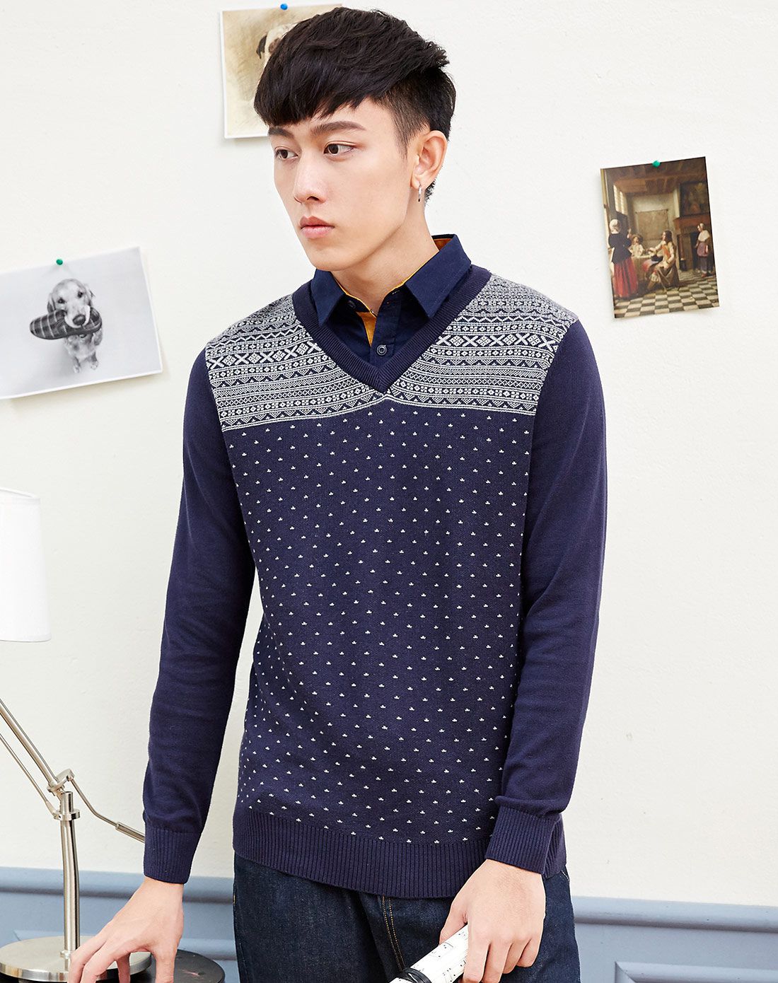 男款浅麻灰衬衫领撞色提花假两件套头衫