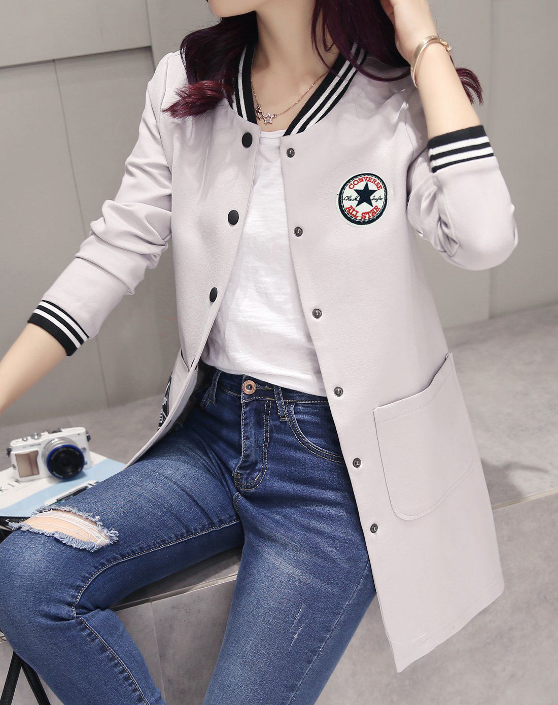 迹忆tracememory女装移动端专场学院风袖口条纹字母印花外套jklmm001