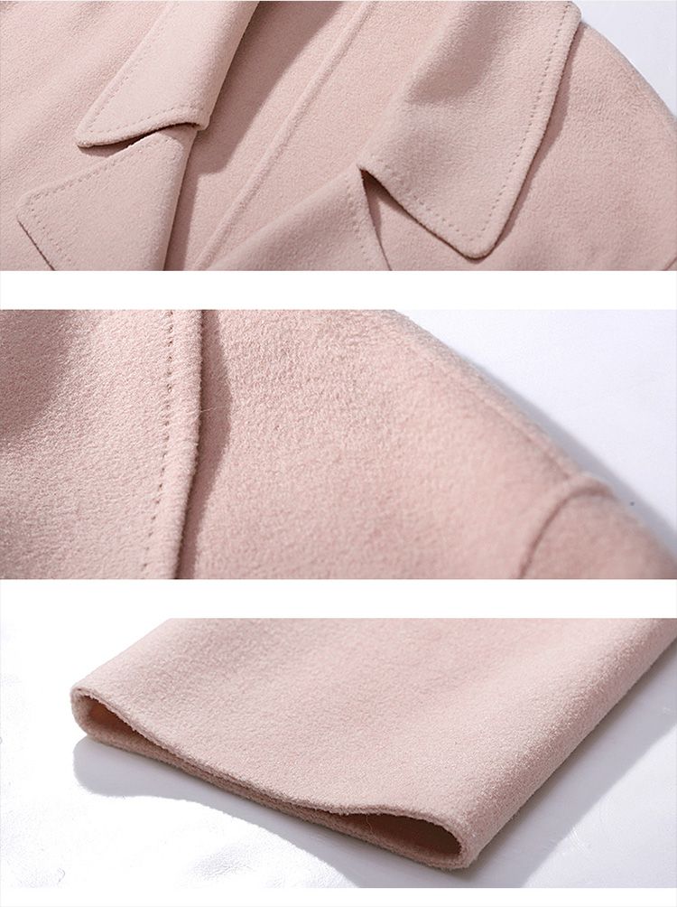 女士豆沙粉系带双面呢毛呢大衣外套