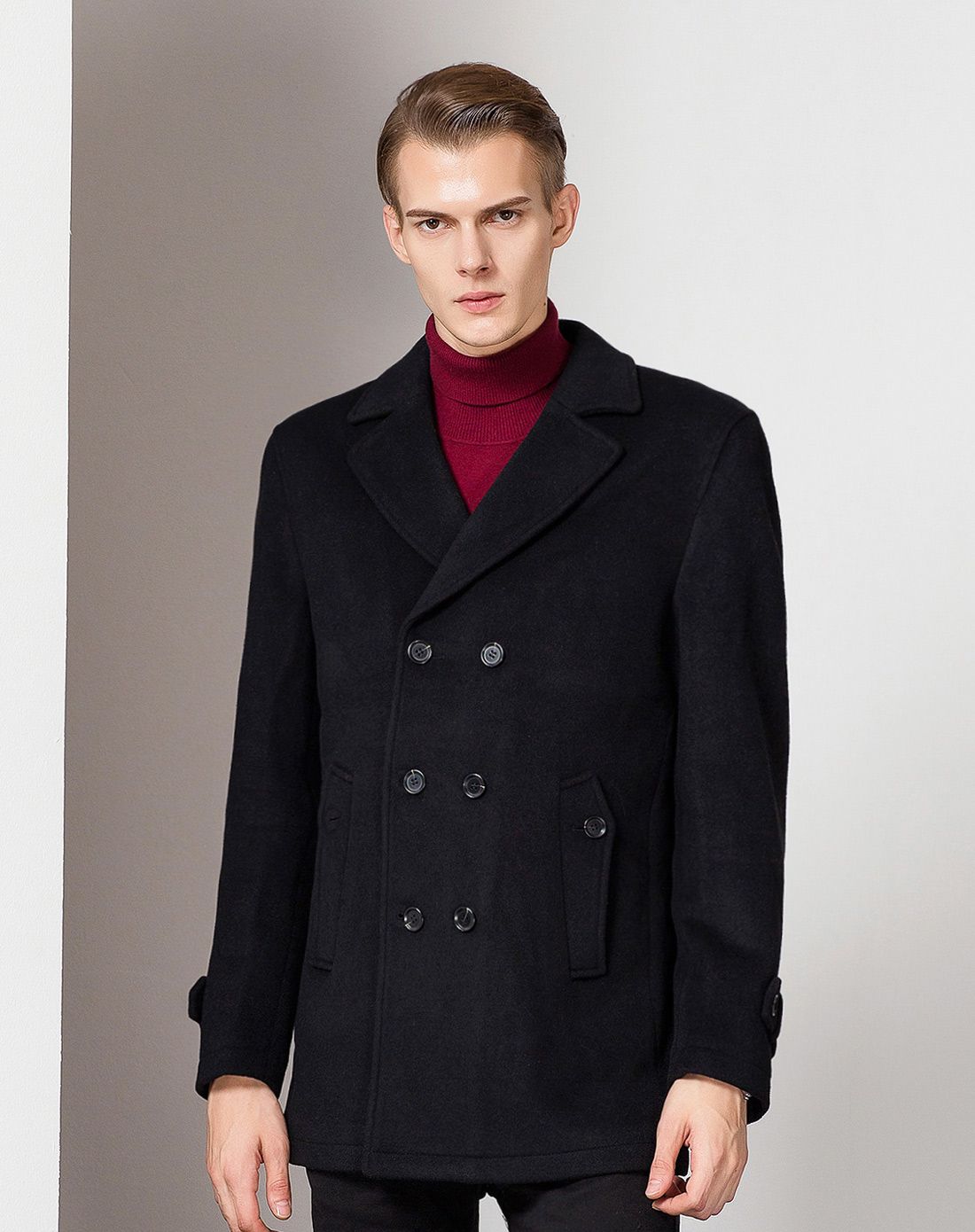 男士黑色双排扣经典羊毛大衣