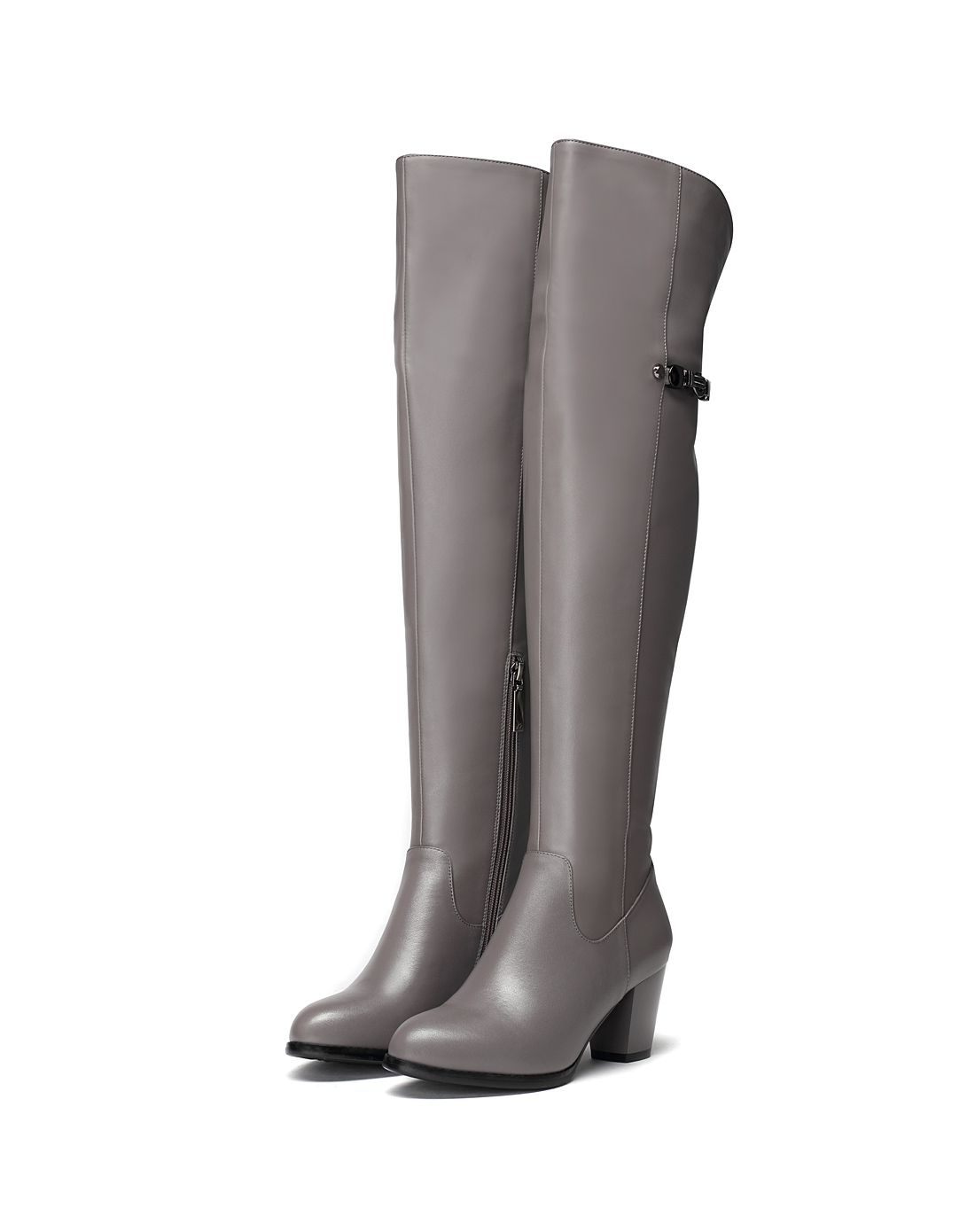 灰色保暖绒里金属链过膝靴