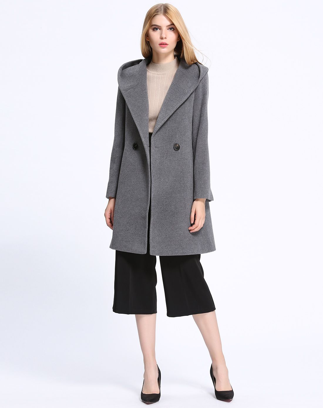 浅秋女简约连帽长袖宽松休闲毛呢大衣羊毛大衣