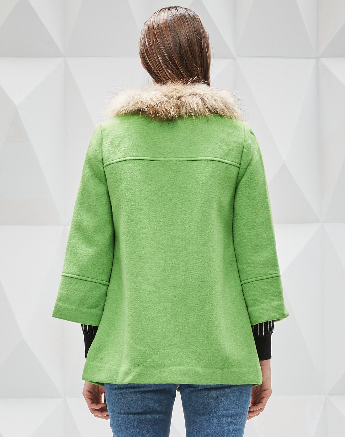 香草绿时尚层次感中长款毛呢大衣