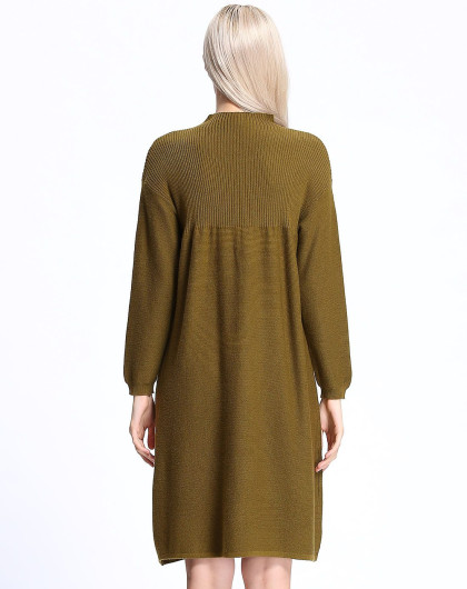 鳄鱼恤女浓棕绿净色a字摆九分袖羊毛混纺连衣裙cwh65117424_唯品会