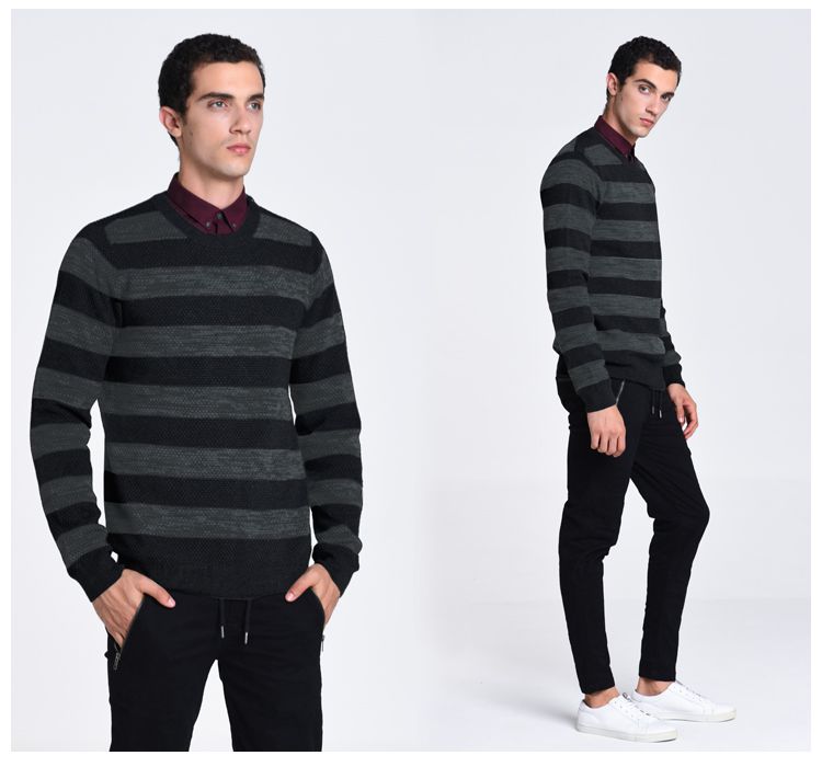 丹麦wagner旗下集合品牌男装专场 黑灰拼色商务条纹立体感套头衫