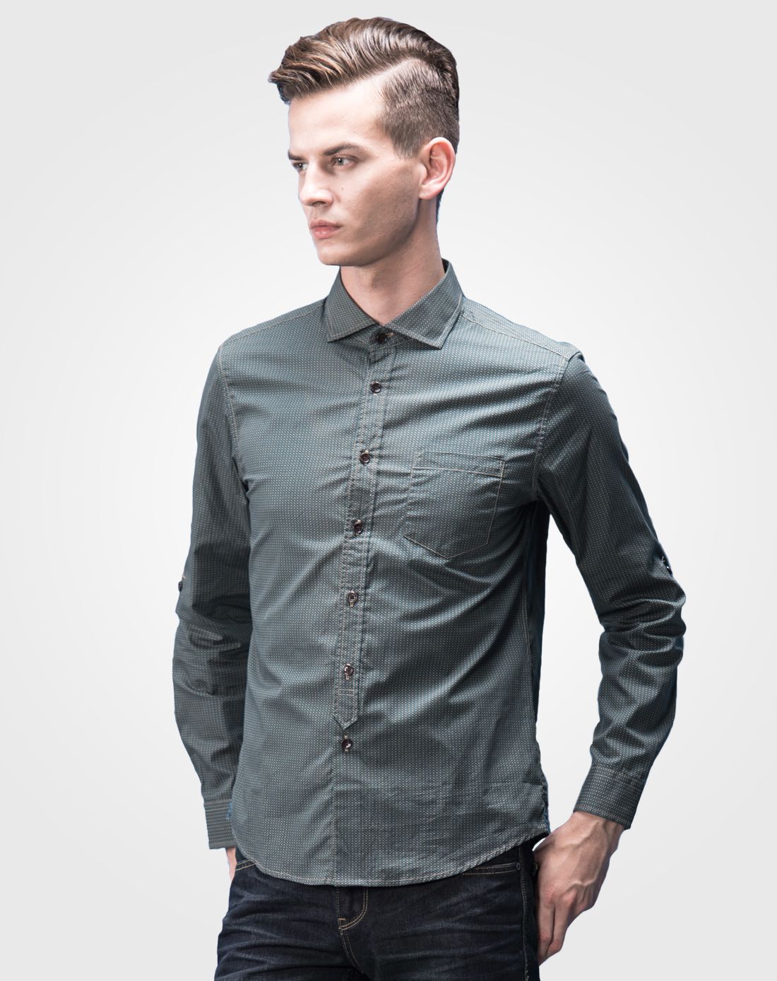 军绿色休闲梭织长袖衬衫