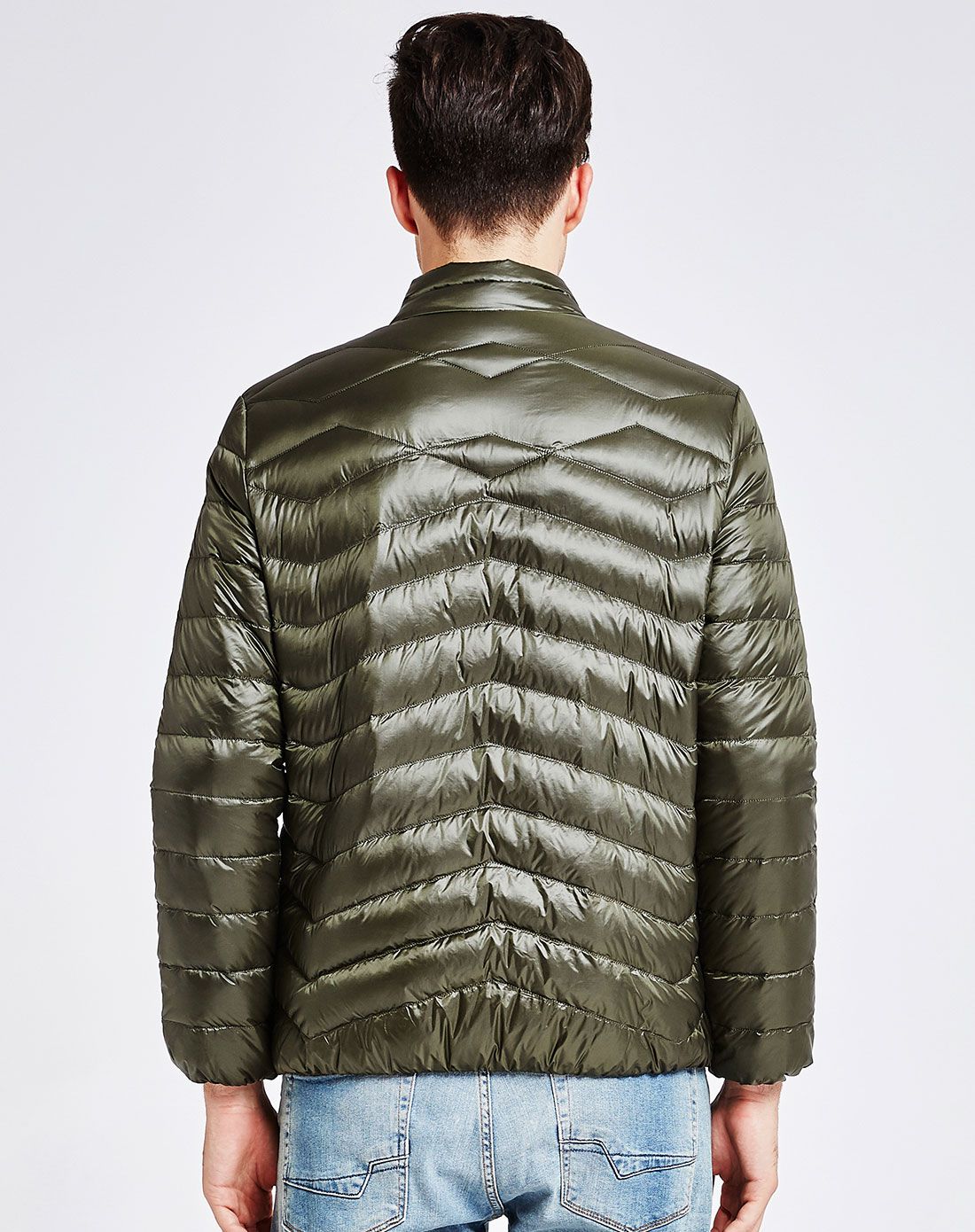 男款橄榄灰绿色立领韩版修身短款羽绒服