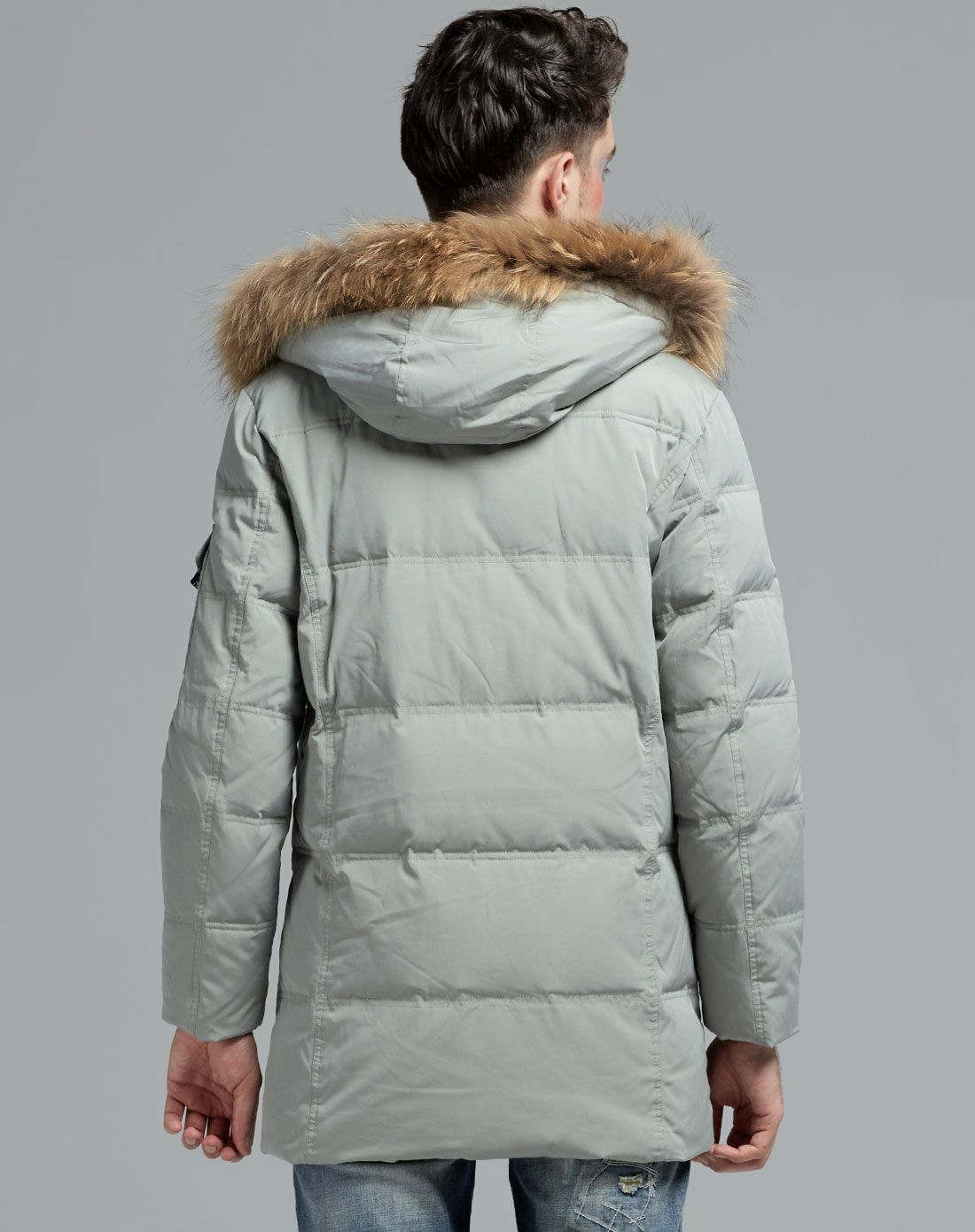 男款豆灰绿色大毛领商务中长款羽绒服