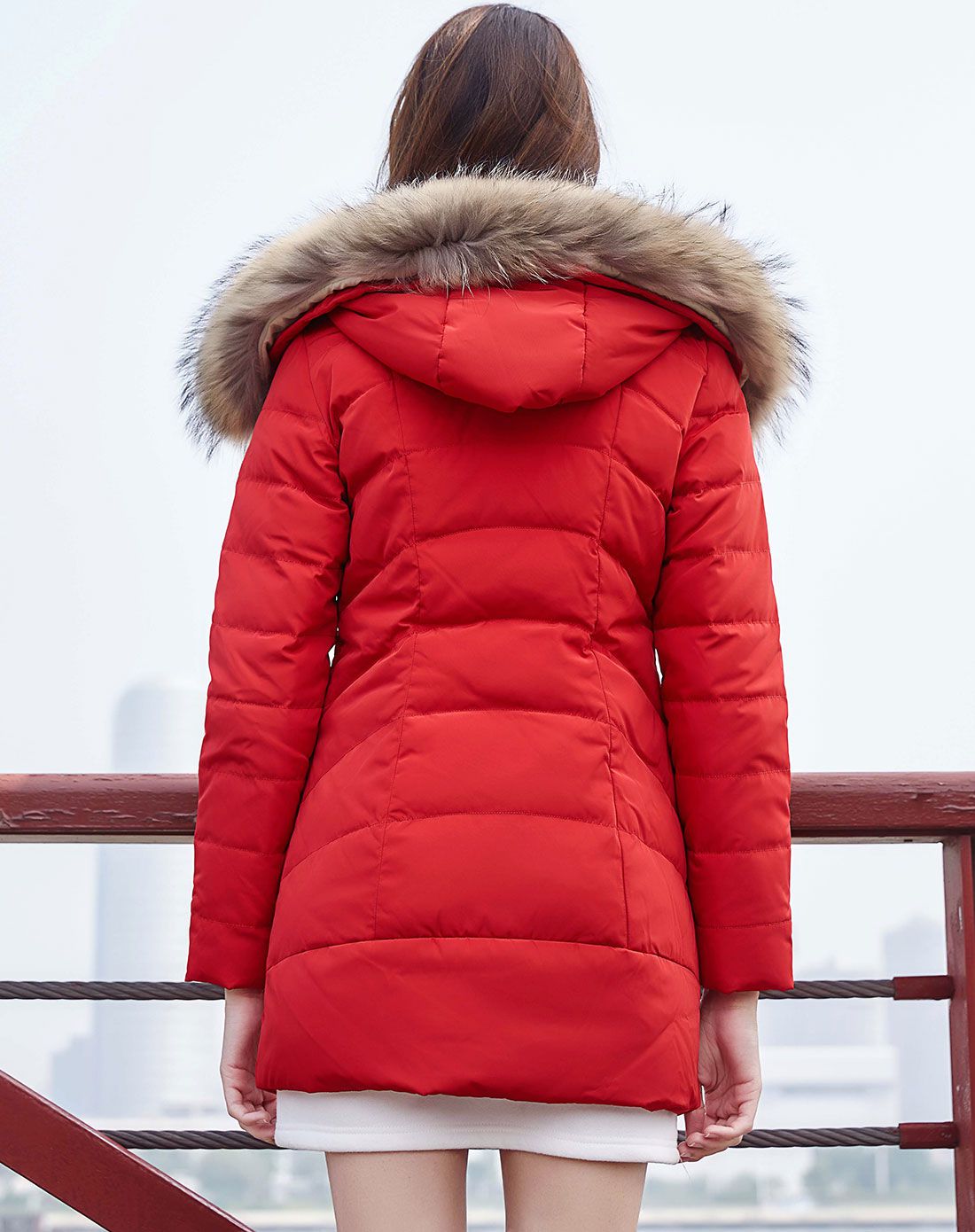 女款枫叶红色清新斯文长袖中长款羽绒服