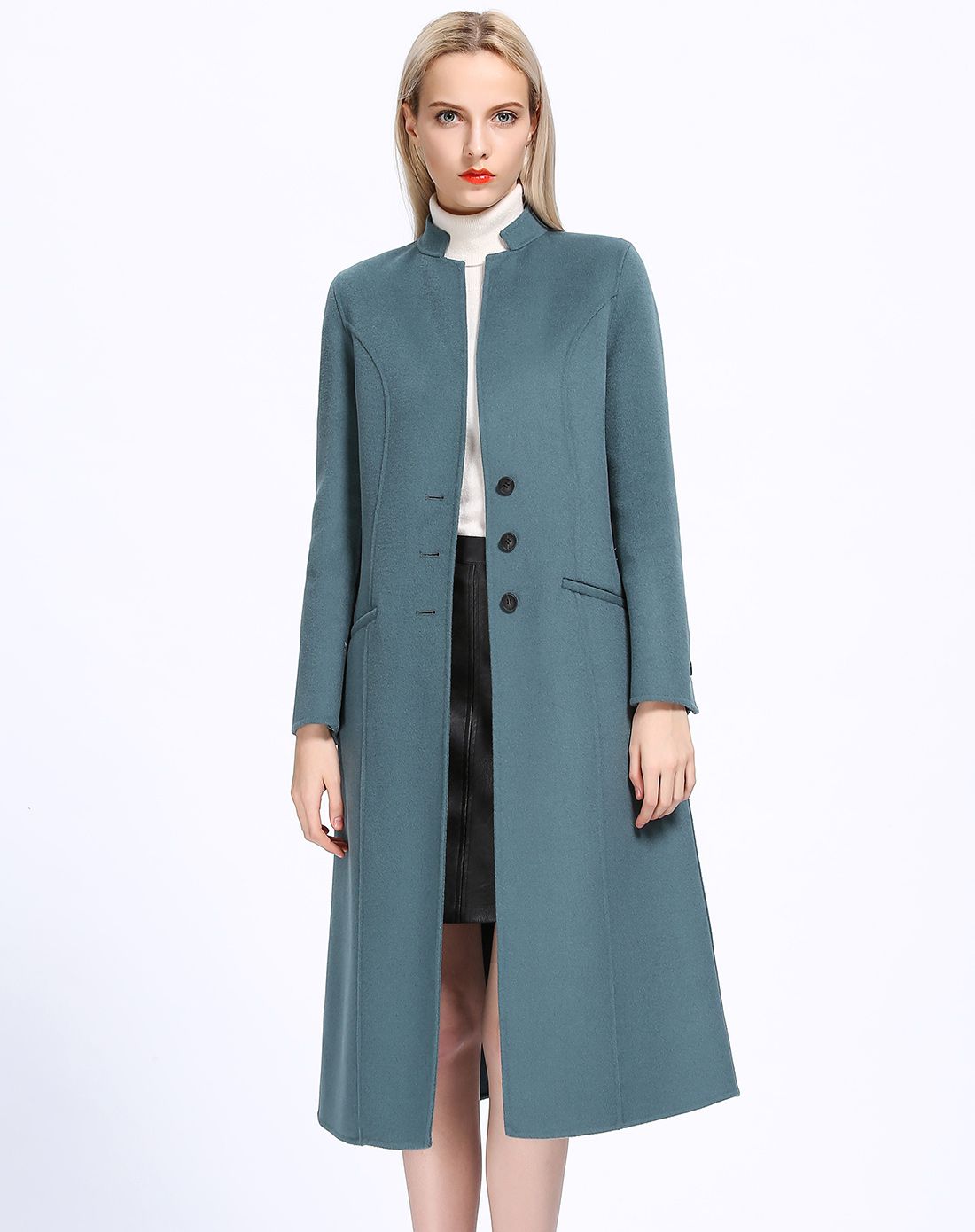 女蓝绿100%羊毛立领双面呢大衣外套