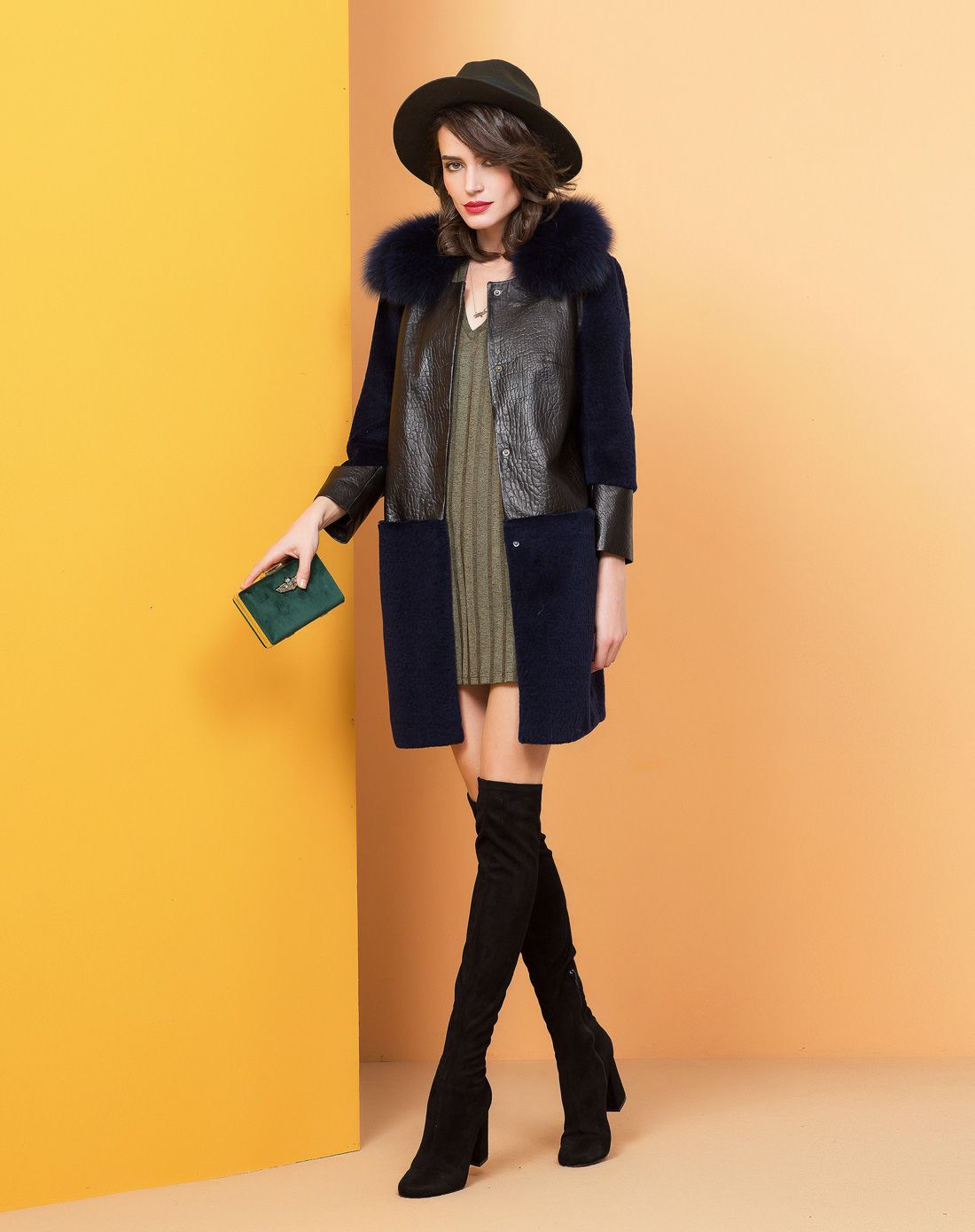 丹顿男女皮衣清仓专场摩登藏青狐狸毛领拼皮羊毛外套sm6498961-83