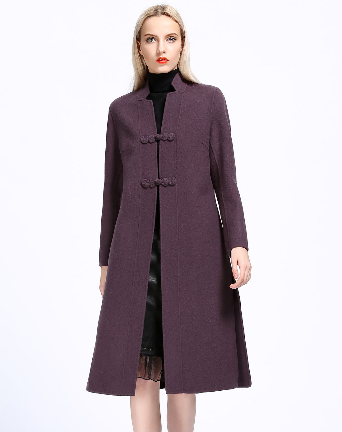 鳄鱼恤女式100%羊毛纯色插袋侧开叉长袖盘扣中式立领过