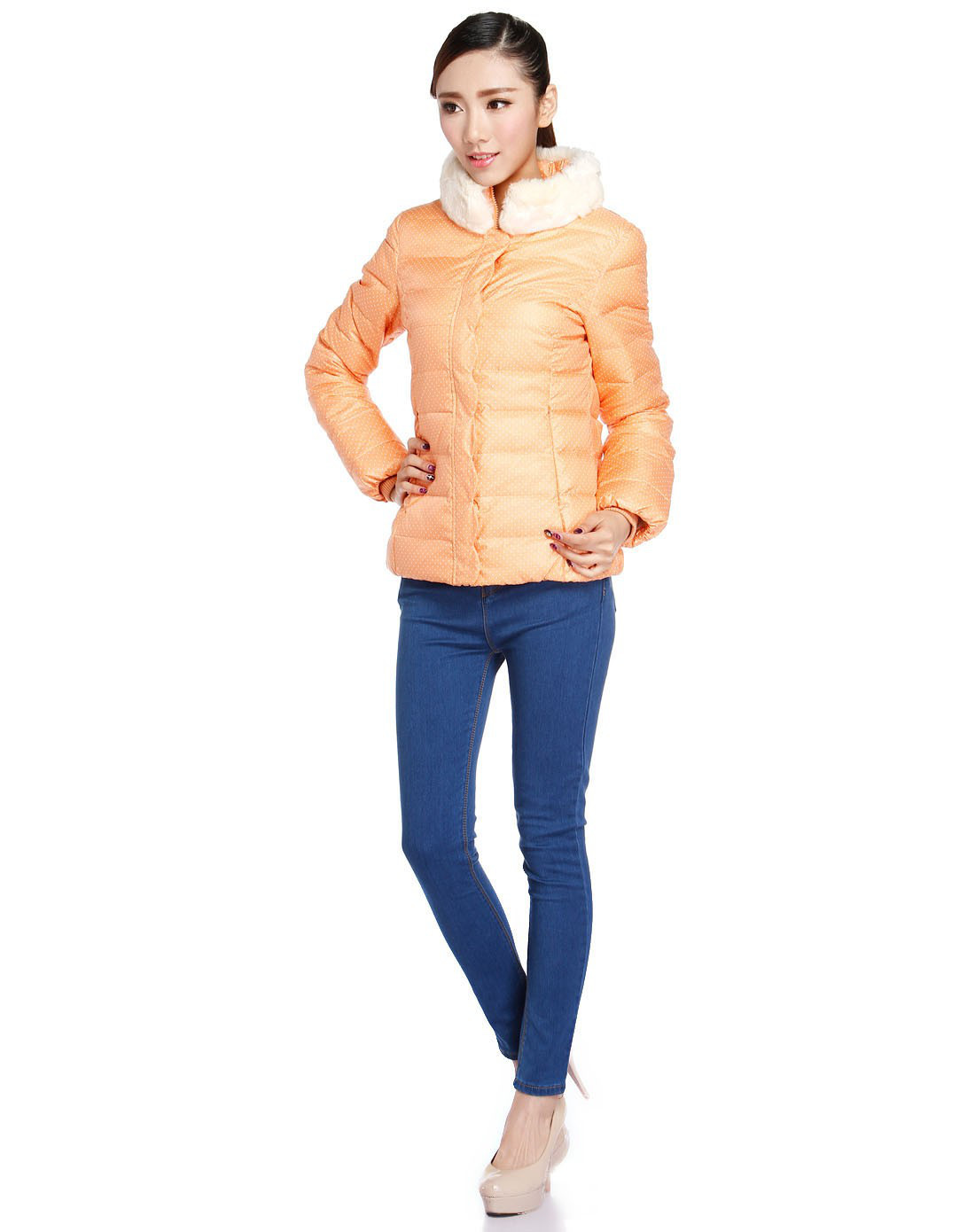 女款淡橙红色优雅甜美长袖羽绒服