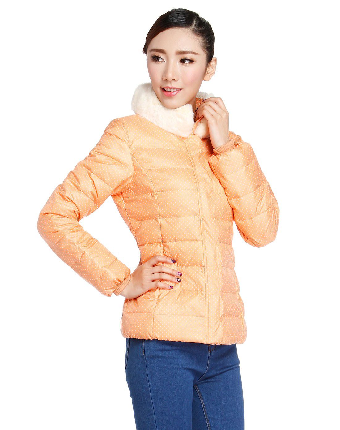 女款淡橙红色优雅甜美长袖羽绒服
