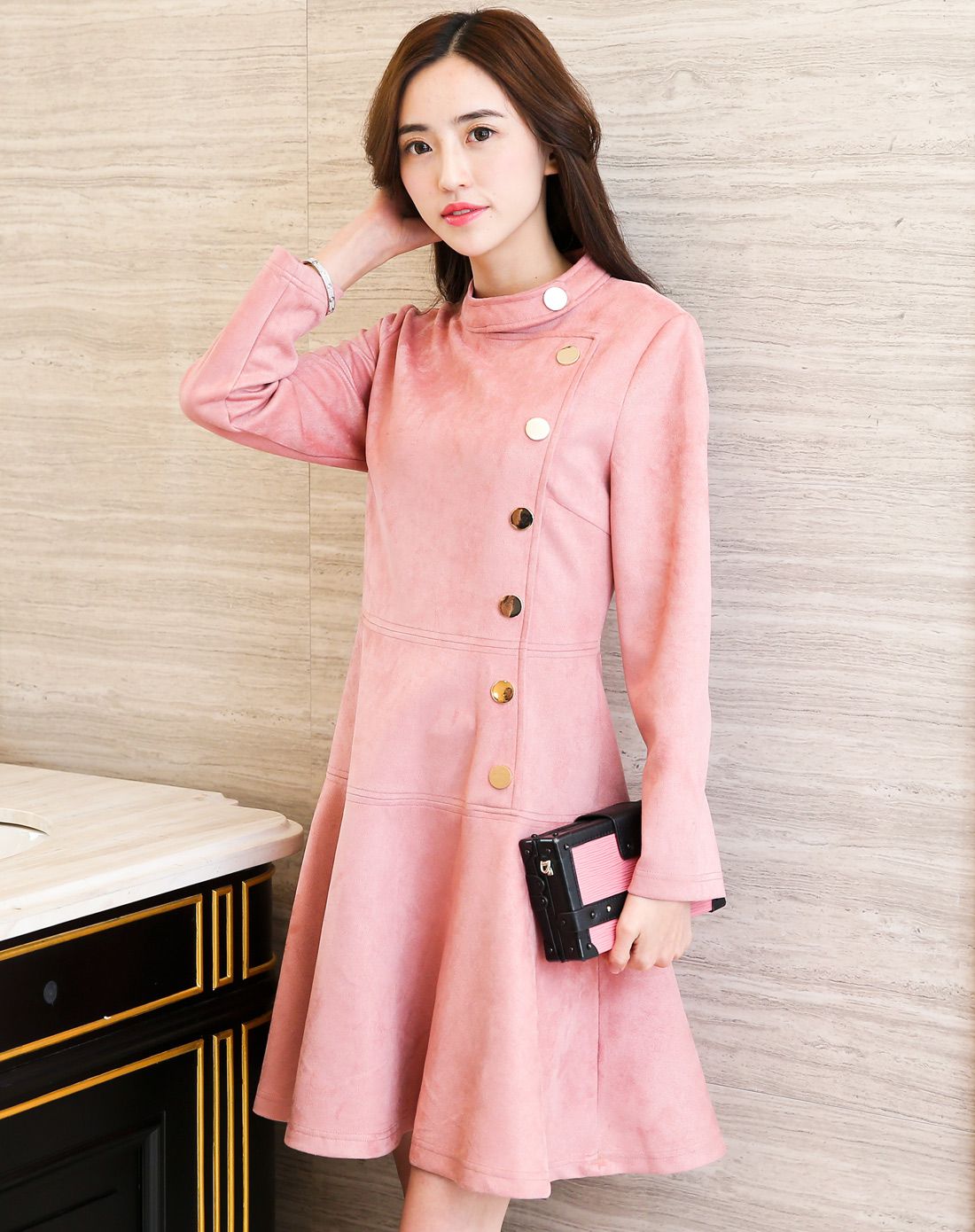 女皮粉色韩版时尚显瘦连衣裙