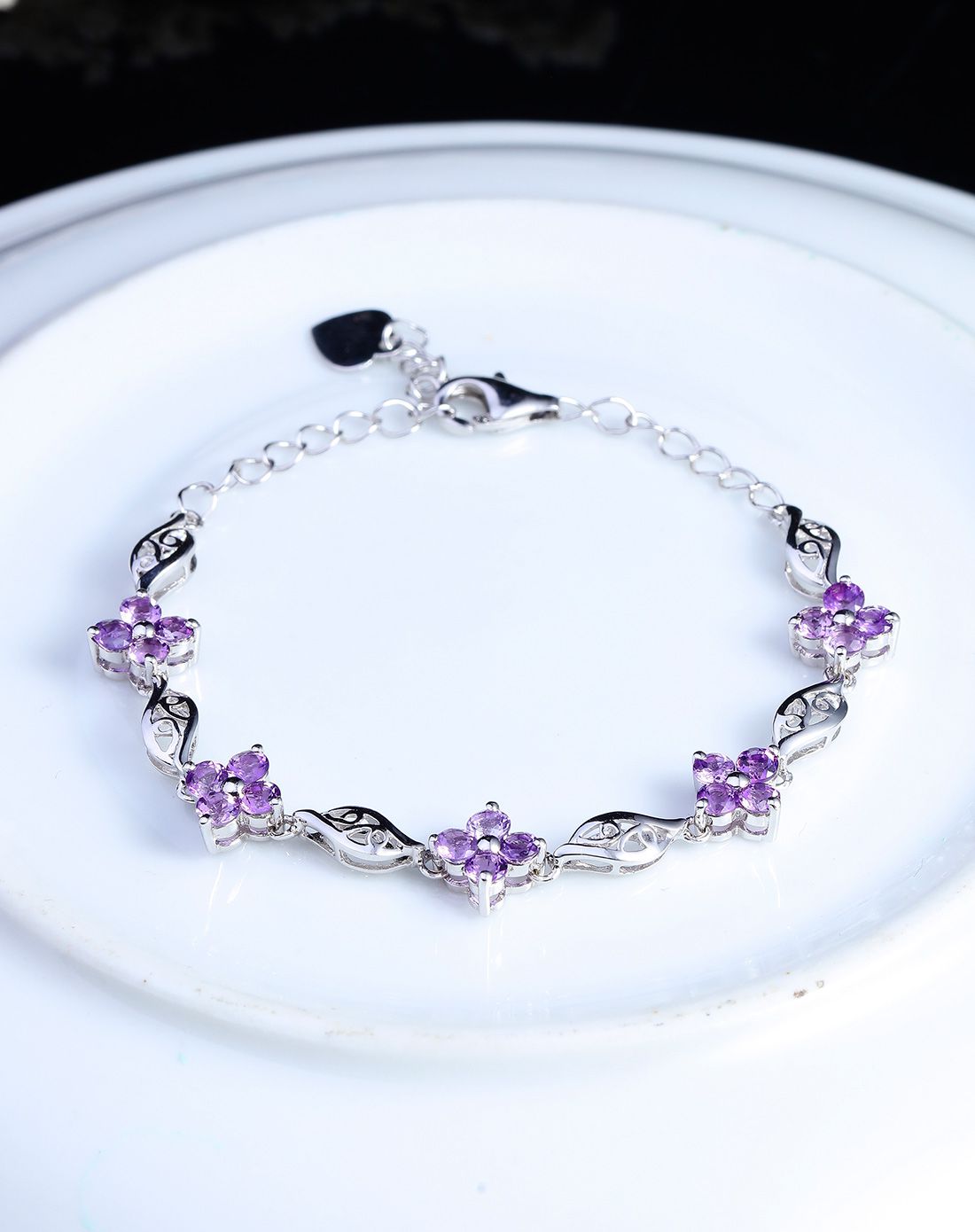 柏诗翠 925镶天然紫水晶时尚甜美四瓣花幸运手链